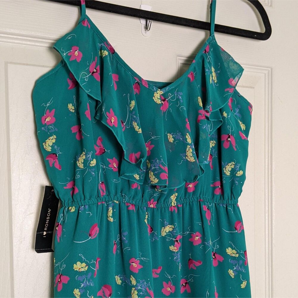 NWT Romantic Floral Maxi Dress Teal | Cottagecore Boho Sundress Pockets Slit - Picture 9 of 15